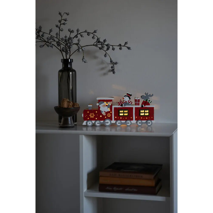 Photograph: B/O Wooden Train, red. 3 Warm White Led, Timer 6H 2xAA&USB