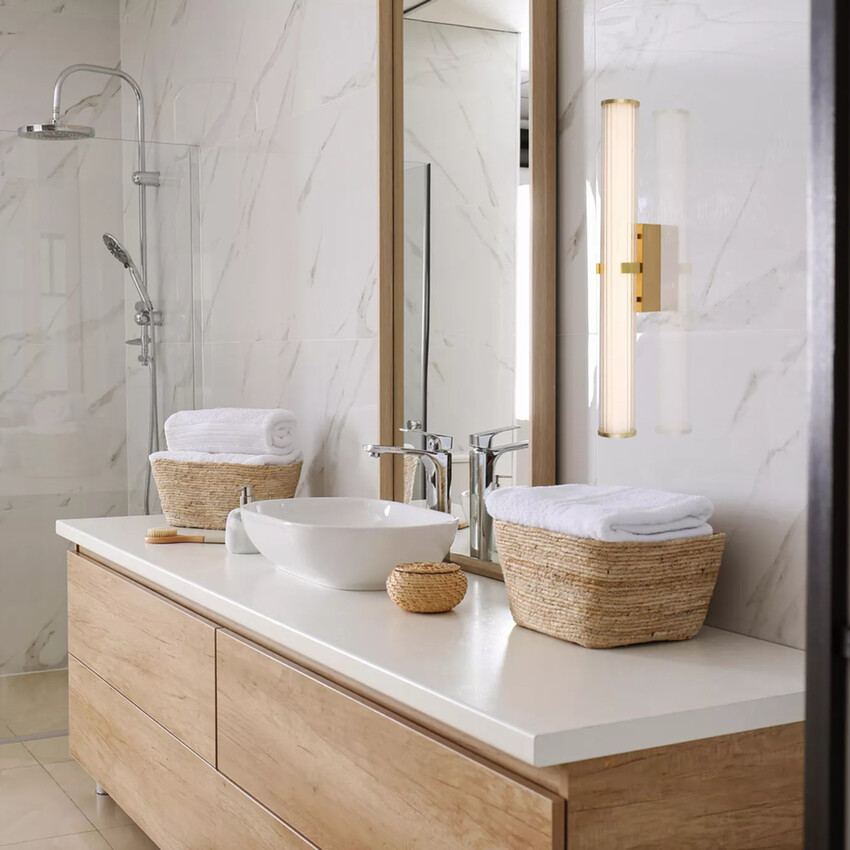 Photograph: Clamp Large Gold Finish Bathroom Wall Light Complete With Clear Ribbed Outer And Inner Opal Glass - IP44 - 3000K