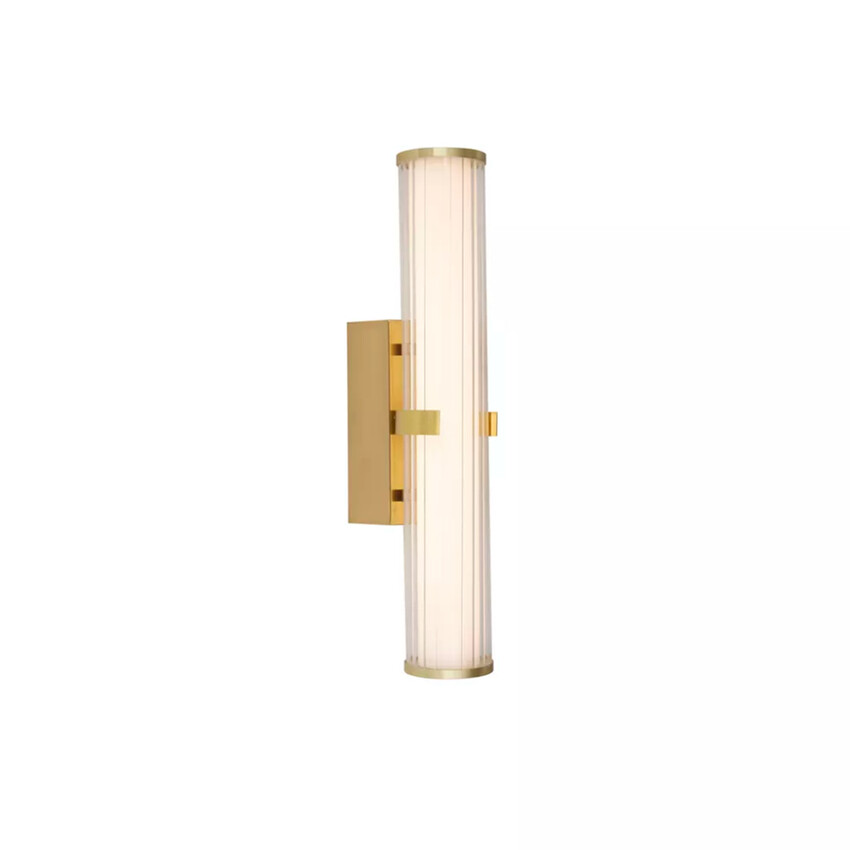 Photograph: Clamp Medium Gold Finish Bathroom Wall Light Complete With Clear Ribbed Outer And Inner Opal Glass - IP44 - 3000K