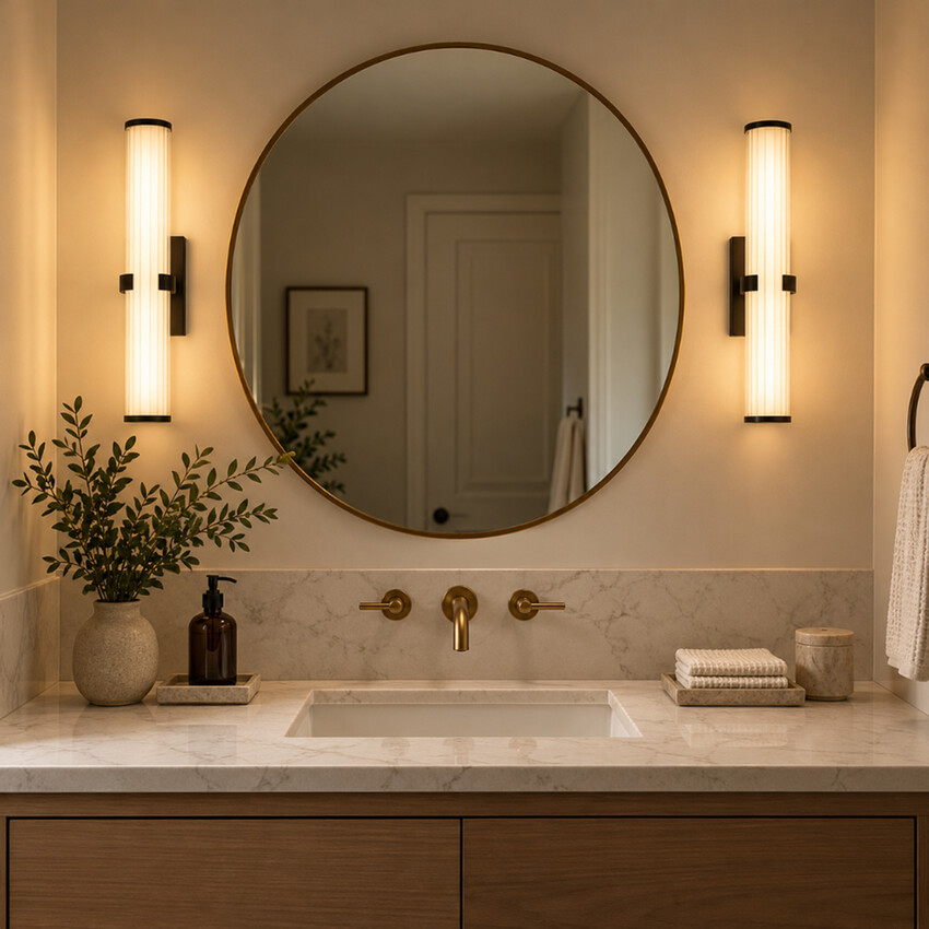 Photograph: Clamp Medium Matt Black Bathroom Wall Light Complete With Clear Ribbed Outer And Inner Opal Glass - IP44 - 3000K