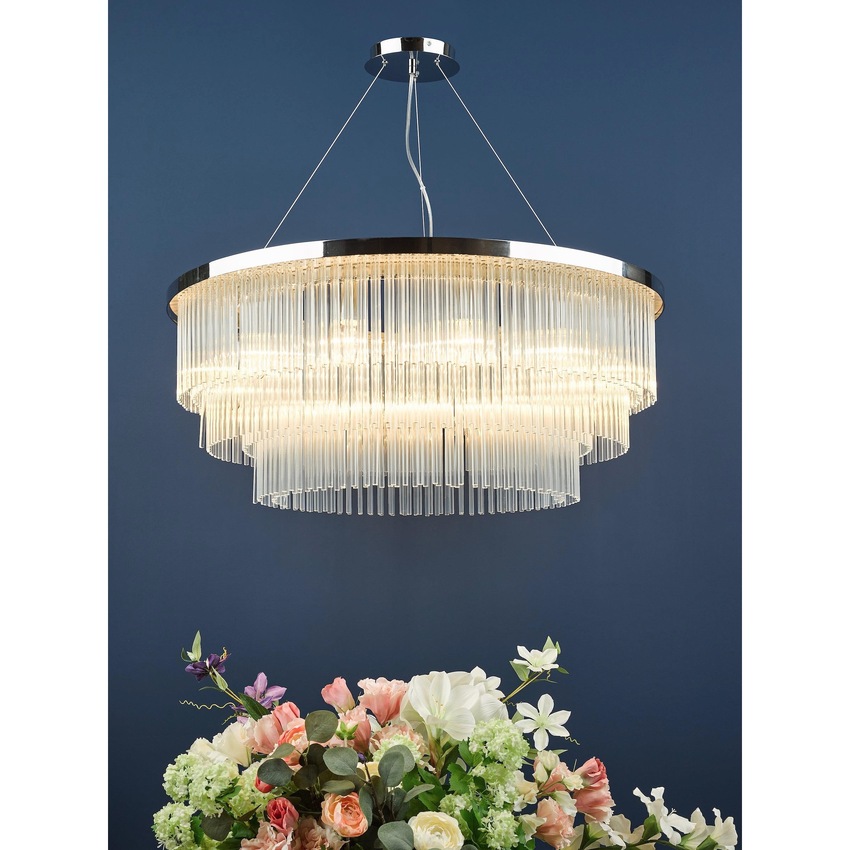 Photograph: Dar Alpheios 12 Light Polished Chrome Pendant Complete With Glass Drops