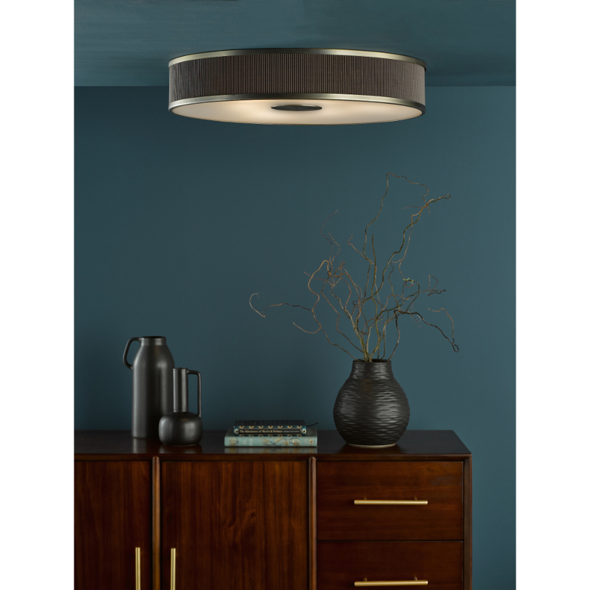 Photograph: Dar Alvaro Antique Bronze 6 Light Flush Mushroom Fabric Ceiling Light