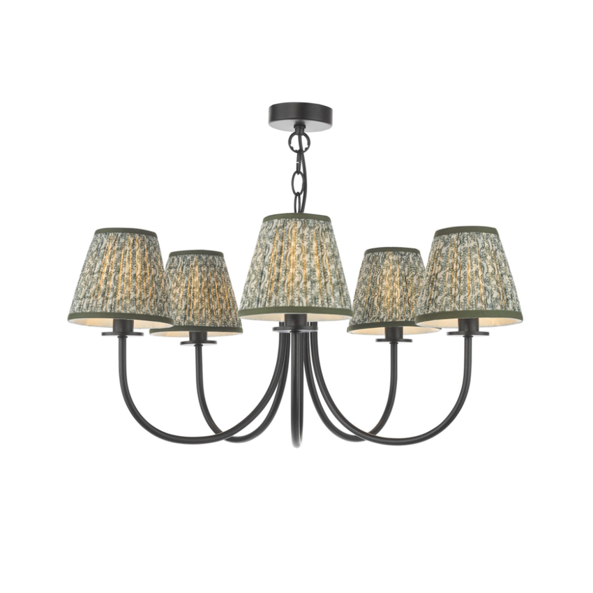 Photograph: Dar Becca 5 Light Multi-Arm Chandelier Complete With Green Patterned Shades