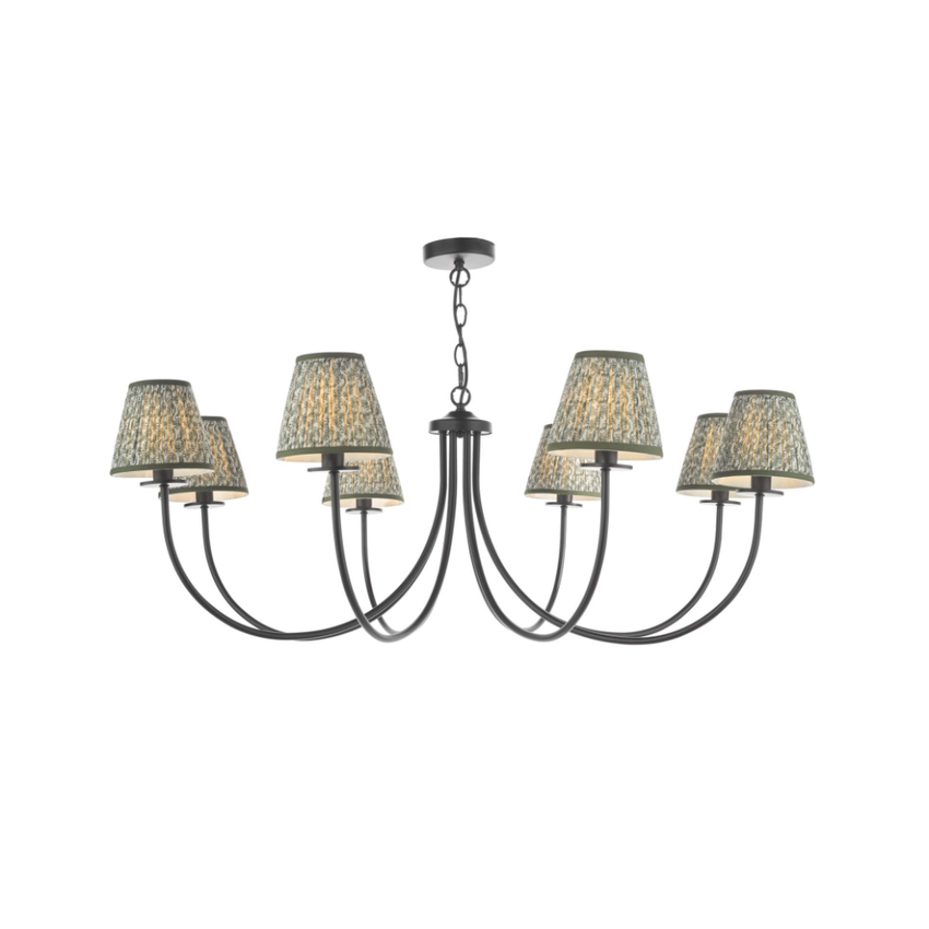 Photograph: Dar Becca 8 Light Multi-Arm Chandelier Complete With Green Patterned Shades