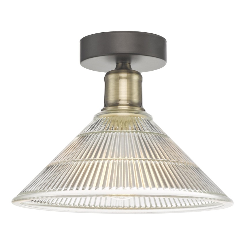 Photograph: Dar Boyd Flush Ceiling Light In Antique Brass Complete With Clear Ribbed Glass Shade