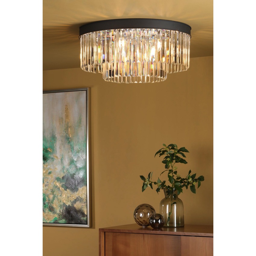 Photograph: Dar Celeus Matt Black 6 Light Round Flush Crystal Ceiling Light