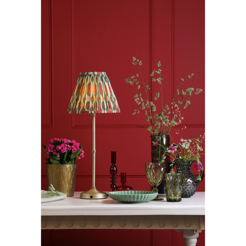 Photograph: Dar Dahl Wireless Rechargeable Table Lamp Matt Antique Brass With Red Mix Patterned Shade - Touch Dimmer 2800K Warm White LED