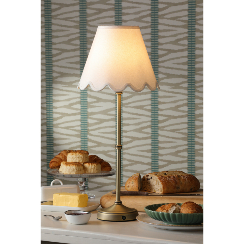 Photograph: Dar Dahl Wireless Rechargeable Table Lamp Matt Antique Brass With White Linen Shade - Touch Dimmer 2800K Warm White LED