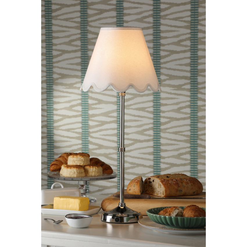 Photograph: Dar Dahl Wireless Rechargeable Table Lamp Polished Nickel With White Linen Shade - Touch Dimmer 2800K Warm White LED
