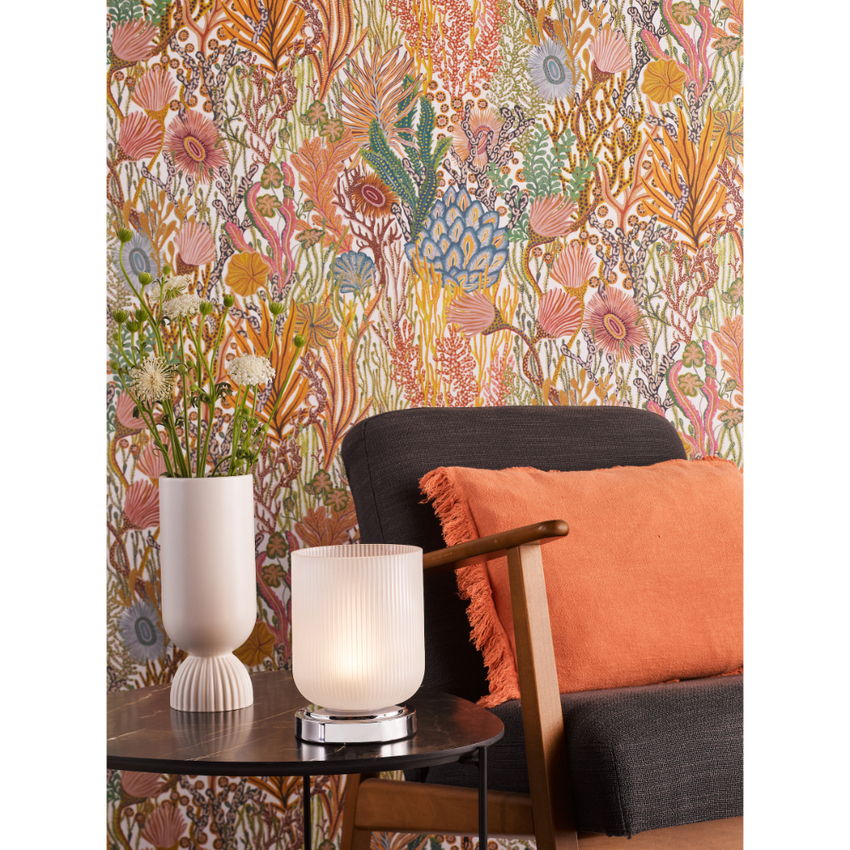 Photograph: Dar Echo Wireless Rechargeable Table Lamp Polished Chrome With Ribbed Glass - Touch Dimmer 3000K Warm White LED