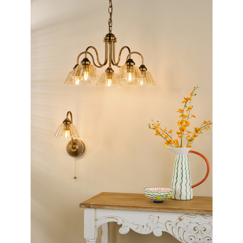 Photograph: Dar Erika Antique Bronze 5 Light Multi Arm Pendant Complete WIth Amber Glass Shades