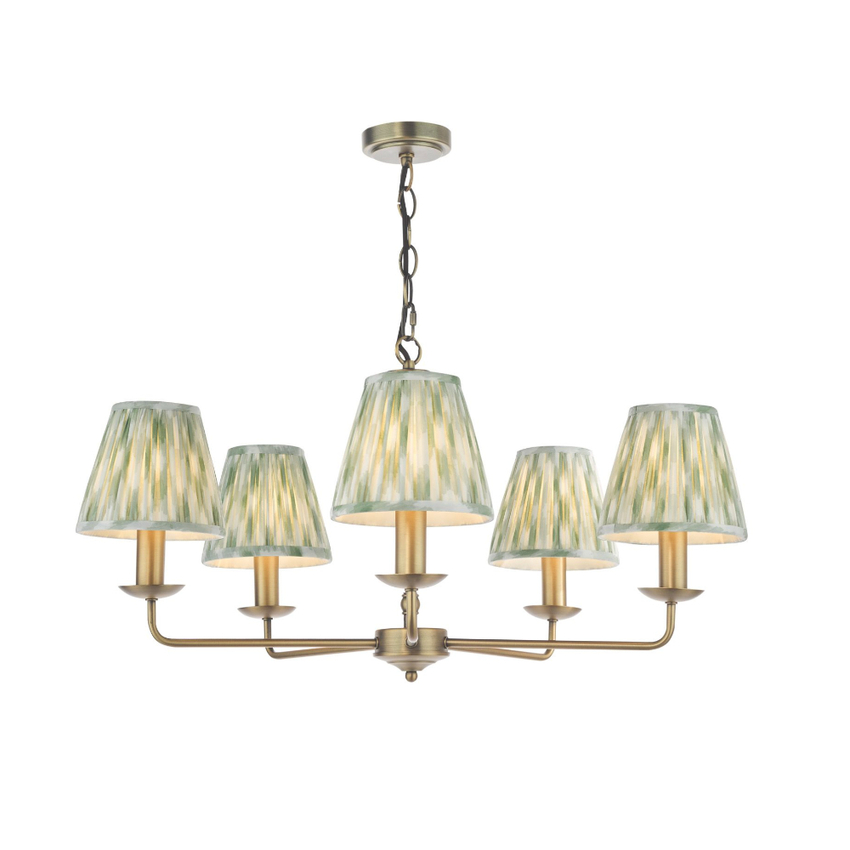 Photograph: Dar Favian Matt Bronze 5 Arm Chandelier Light Complete with Green Patterned Ikat Shades