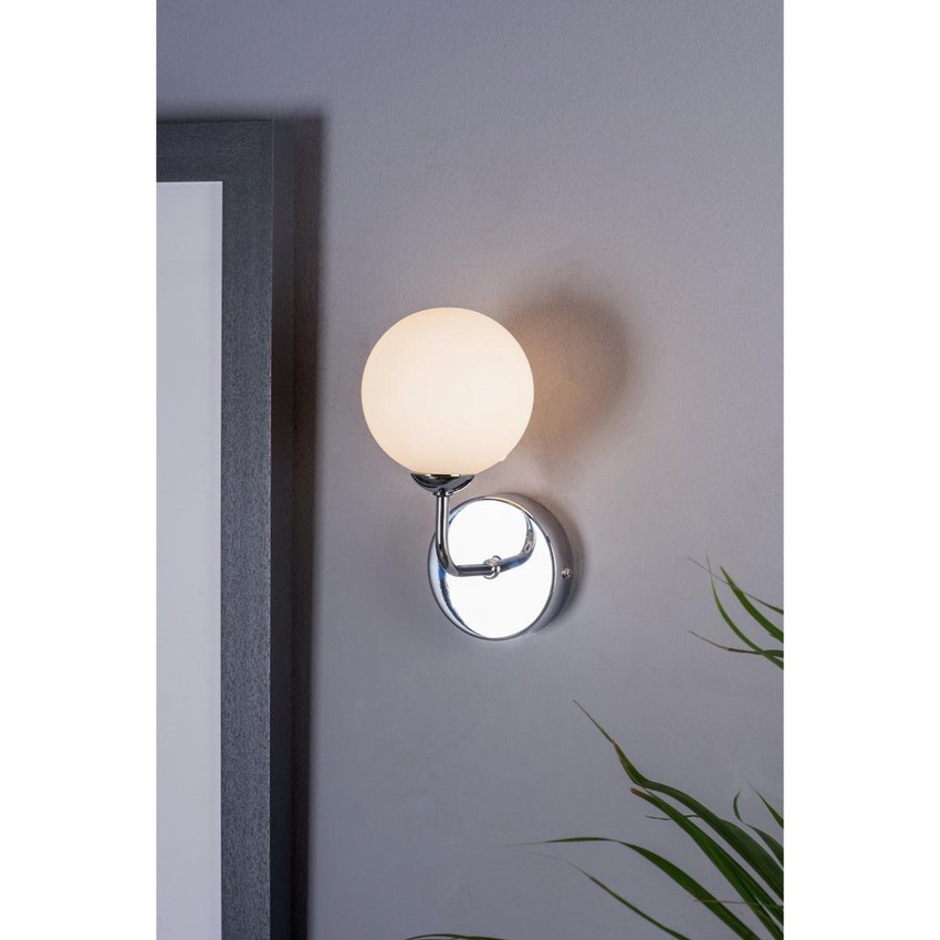 Photograph: Dar Feya 1 Light Wall Light In Polished Chrome Complete With Opal Glass