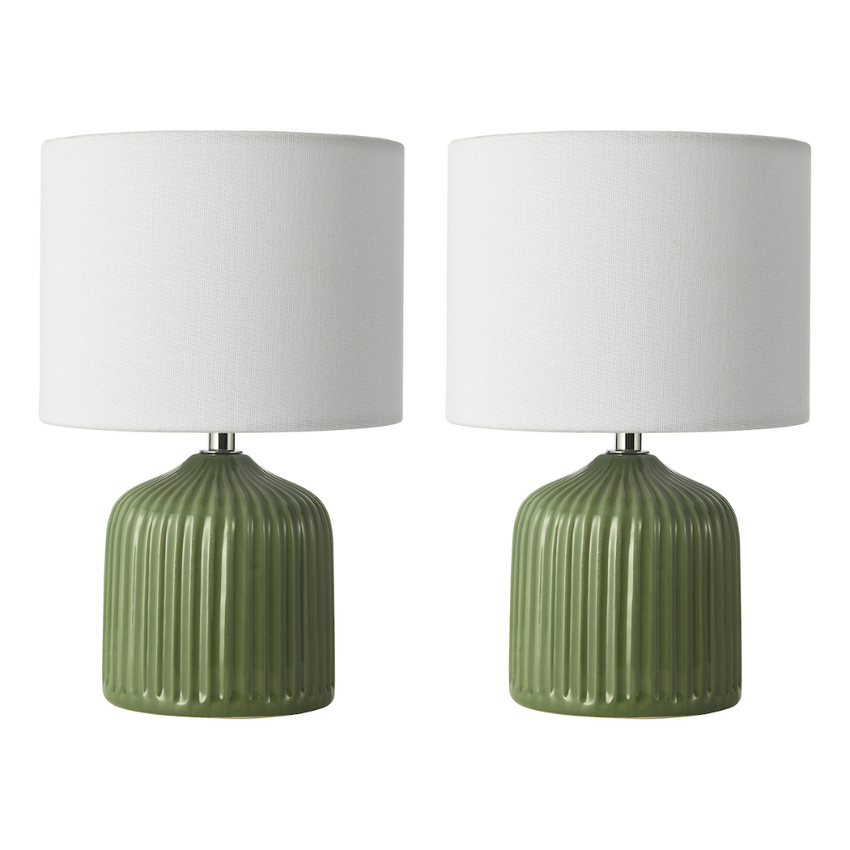 Photograph: Dar Gigi Green Twin Pack Of Ceramic Table Lamps Complete With White Linen Shades - Switched