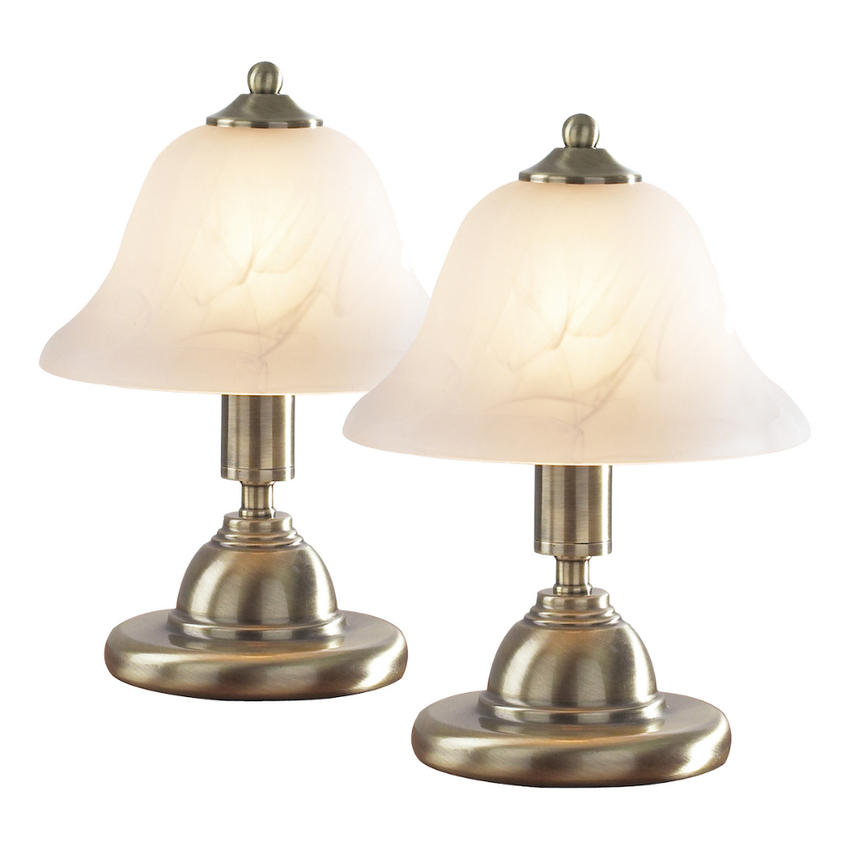 Photograph: Dar Gloucester Twin Pack Of Antique Brass Touch Table Lamps Complete With Alabaster Glass Shades - Switched