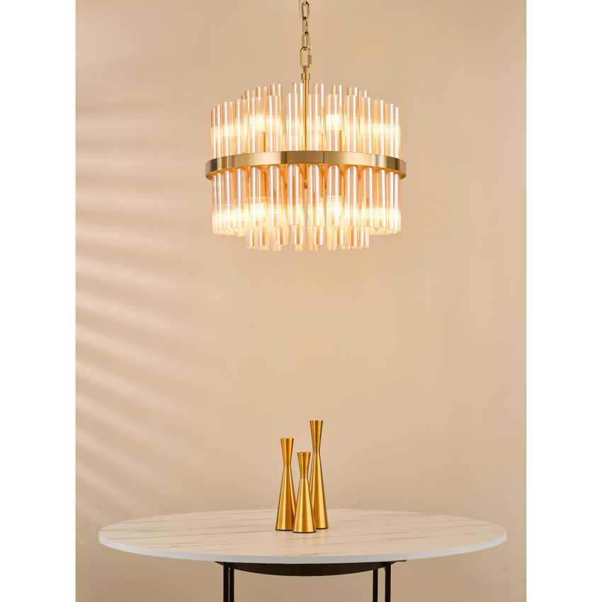 Photograph: Dar Imani 12 Light Pendant Natural Brass and Champagne Ribbed Glass