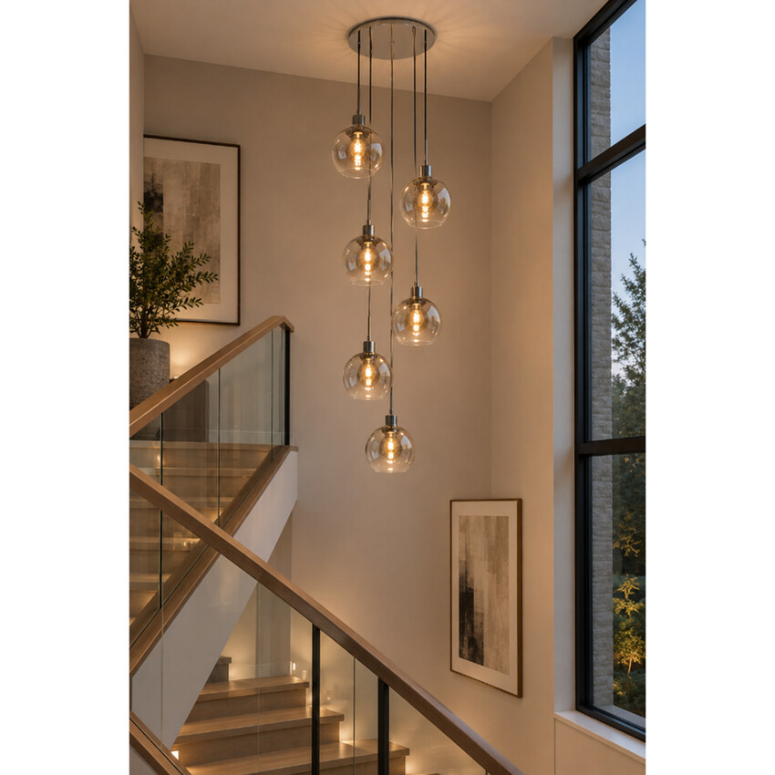 Photograph: Dar Lycia Black 6 Light Custer Pendant Light Complete With Smoke To Clear Ombre Glass Shades