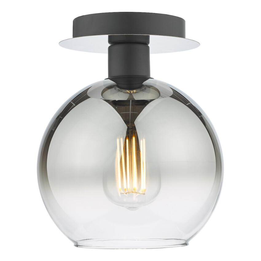 Photograph: Dar Lycia Black And Chrome Finish 1 Light Flush Ceiling Light Complete With Smoke To Clear Ombre Glass Globe