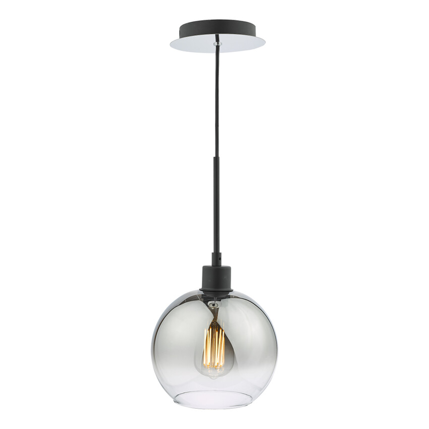 Photograph: Dar Lycia Black And Chrome Finish Single Pendant Ceiling Light Complete With Smoke To Clear Ombre Glass Globe