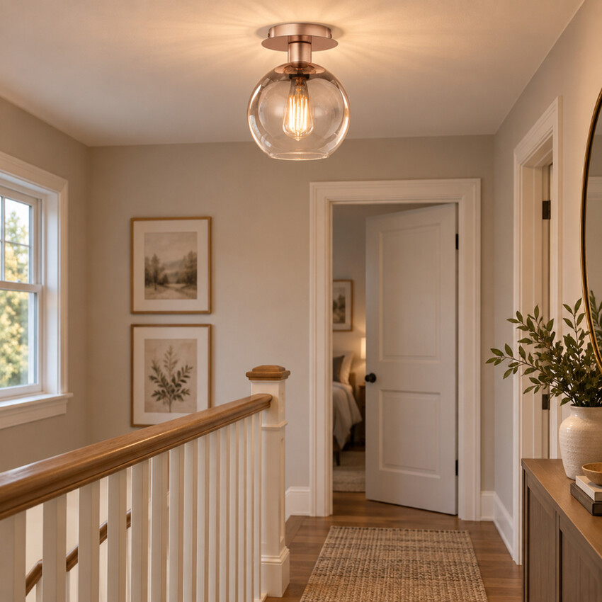 Photograph: Dar Lycia Satin Bronze Finish 1 Light Flush Ceiling Light Complete With Bronze To Clear Ombre Glass Shade