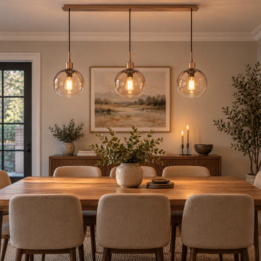 Photograph: Dar Lycia Satin Bronze Finish 3 Light Linear Bar Pendant Light Complete With Bronze To Clear Ombre Glass Shades