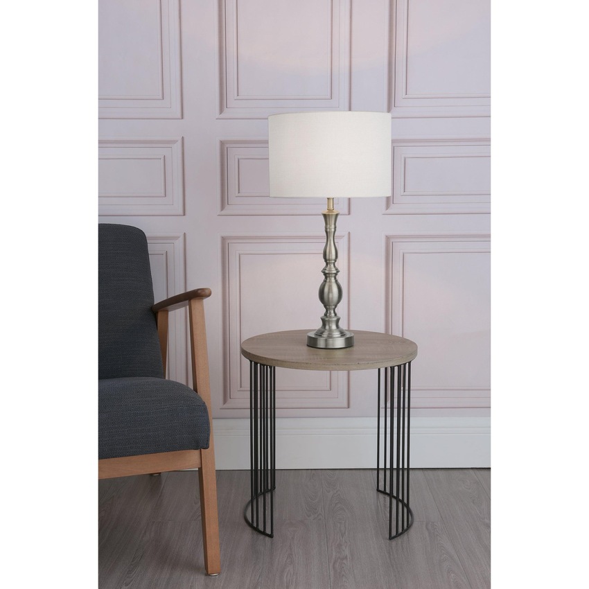 Photograph: Dar Madrid MAD4246 Satin Chrome Finish Table Lamp Complete With White Faux Silk Shade