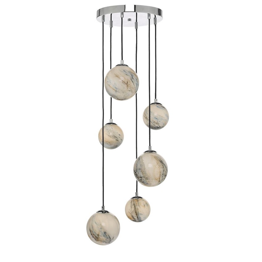 Photograph: Dar Mikara MIK0650 6 Light Cluster Pendant In Polished Chrome Finish With Marble Effect Glass