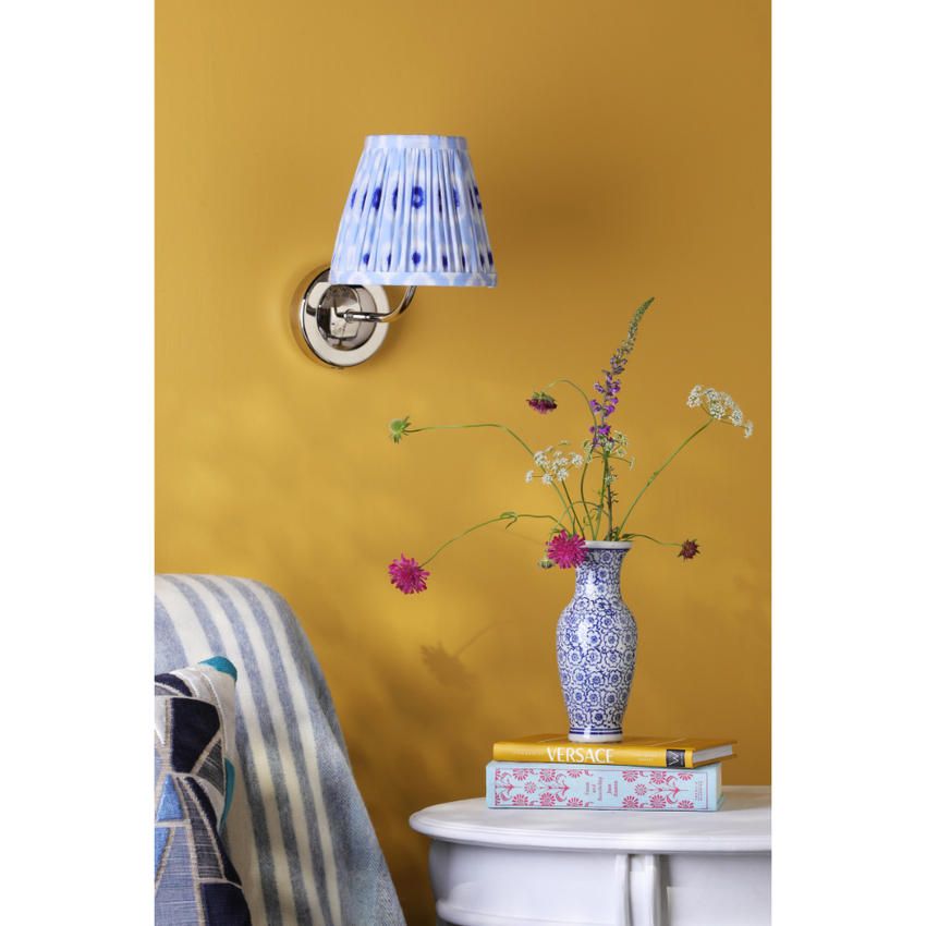 Photograph: Dar Navarro Wireless USB Rechargeable Wall Light Polished Nickel With Blue Mix Pattern Shade - Touch Dimmable 2800K Warm White LED