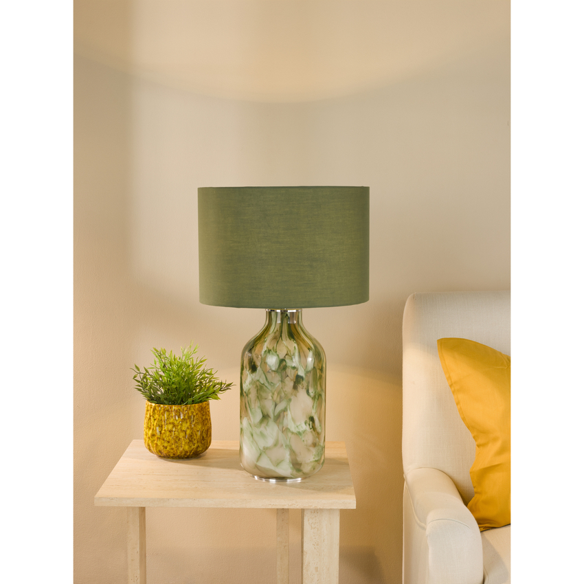 Photograph: Dar Nuria Table Lamp Green Art Glass and Polished Chrome With Green Cotton Shade