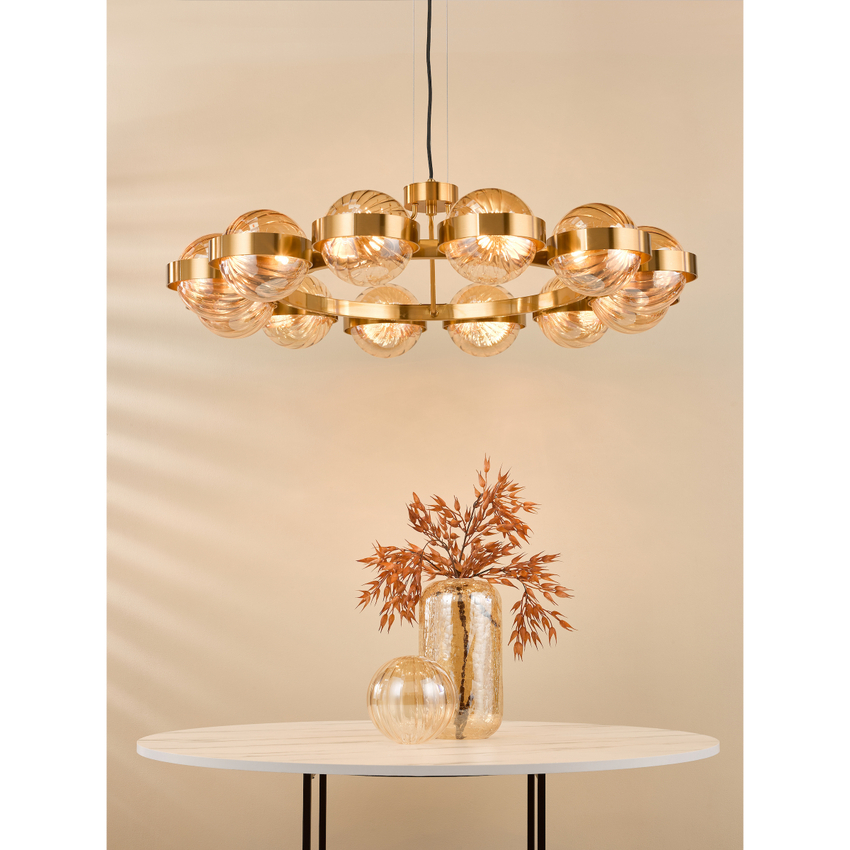 Photograph: Dar Ophira 12 Light Pendant Antique Gold and Amber Ribbed Glass