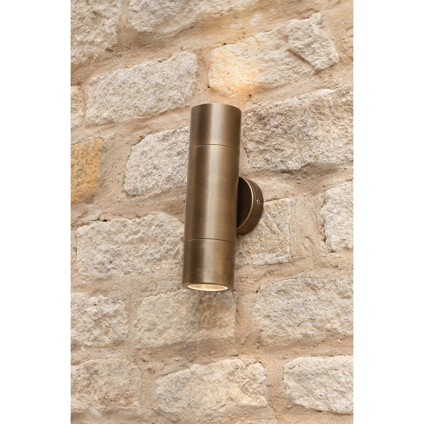 Photograph: Dar Ortega ORT3275 Exterior 2 Light Wall Light In Aged Brass Finish - IP65