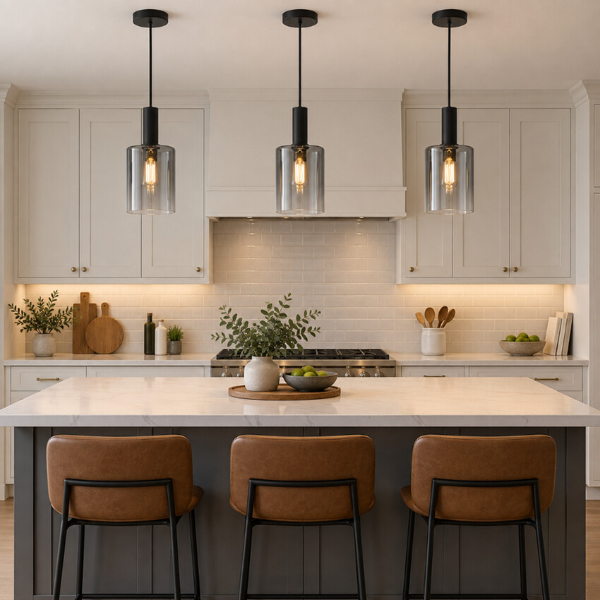 Photograph: Dar Savannah Black 1 Light Pendant Light Complete With Smoke To Clear Cylinder Glass Shade