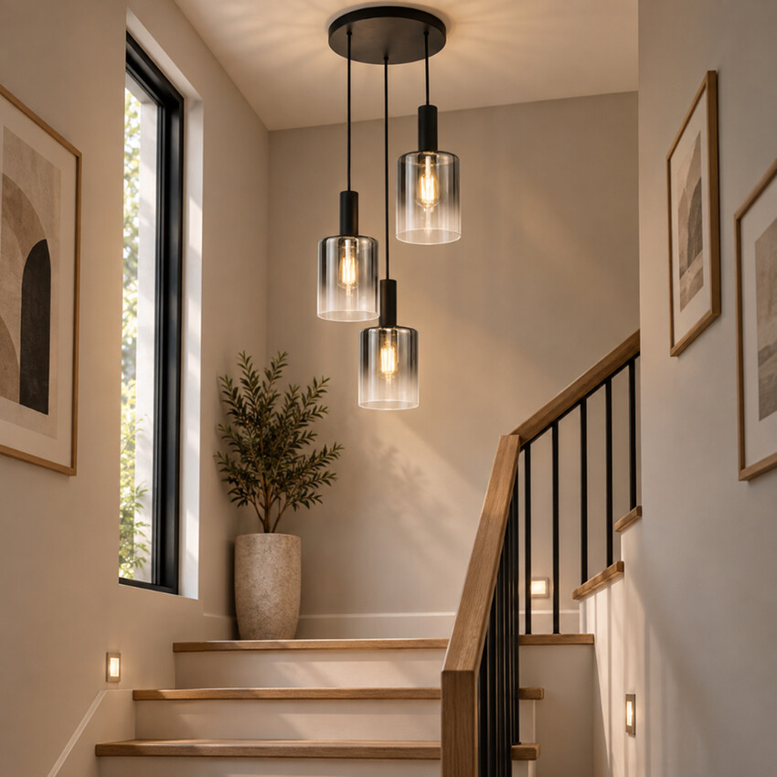Photograph: Dar Savannah Black 3 Light Cluster Pendant Light Complete With Smoke To Clear Cylinder Glass Shades