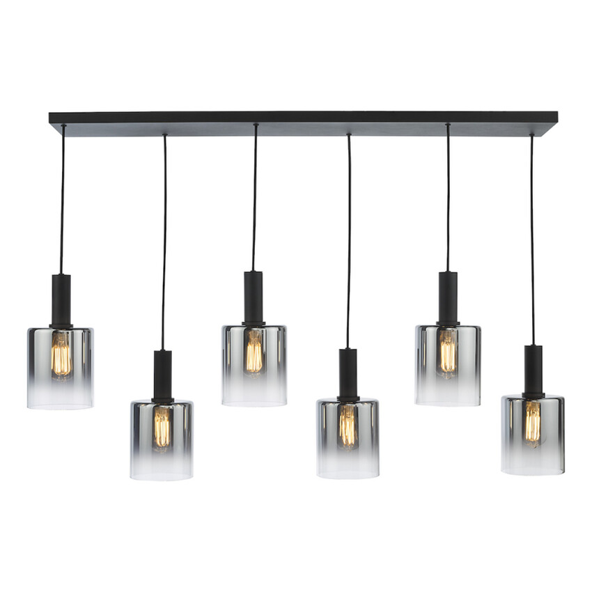 Photograph: Dar Savannah Black 6 Light Linear Cluster Island Pendant Light Complete With Smoke To Clear Cylinder Glass Shades