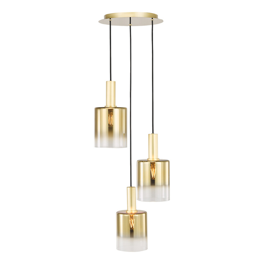 Photograph: Dar Savannah Gold Finish 3 Light Cluster Pendant Light Complete With Gold To Clear Cylinder Glass Shades