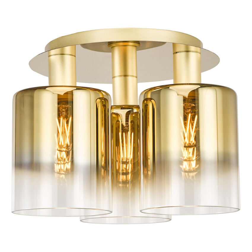 Photograph: Dar Savannah Gold Finish 3 Light Flush Ceiling Light Complete With Gold To Clear Cylinder Glass Shades