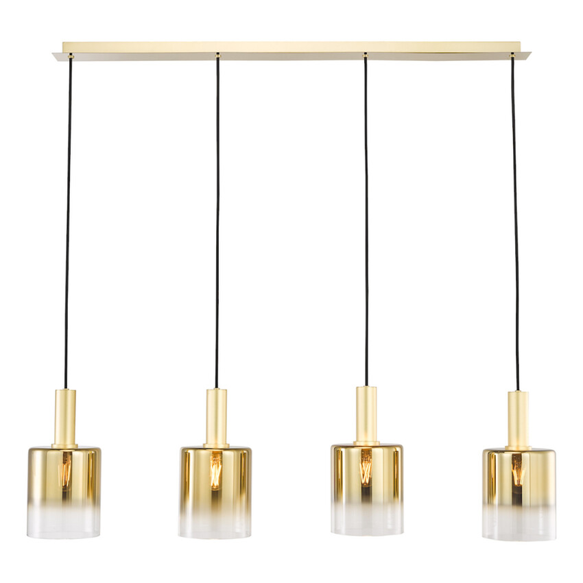 Photograph: Dar Savannah Gold Finish 4 Light Linear Island Pendant Light Complete With Gold To Clear Cylinder Glass Shades