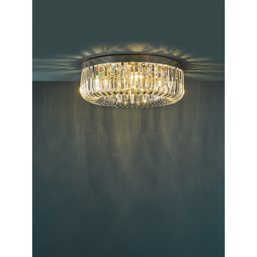 Photograph: Dar Sigourney 6 Light Flush Polished Nickel and Crystal