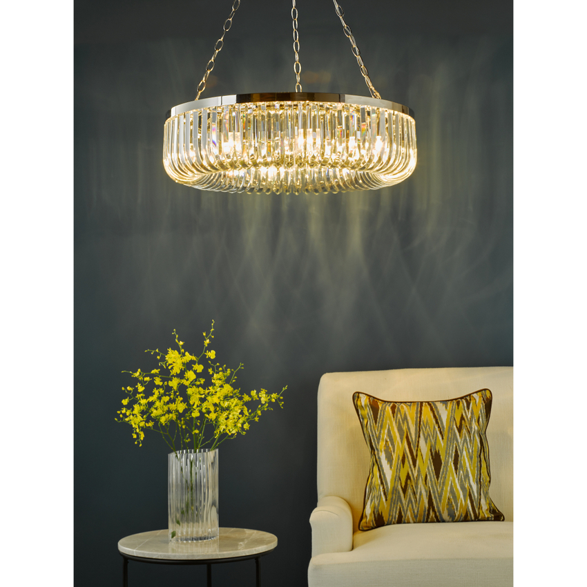 Photograph: Dar Sigourney 8 Light Pendant Polished Nickel and Crystal