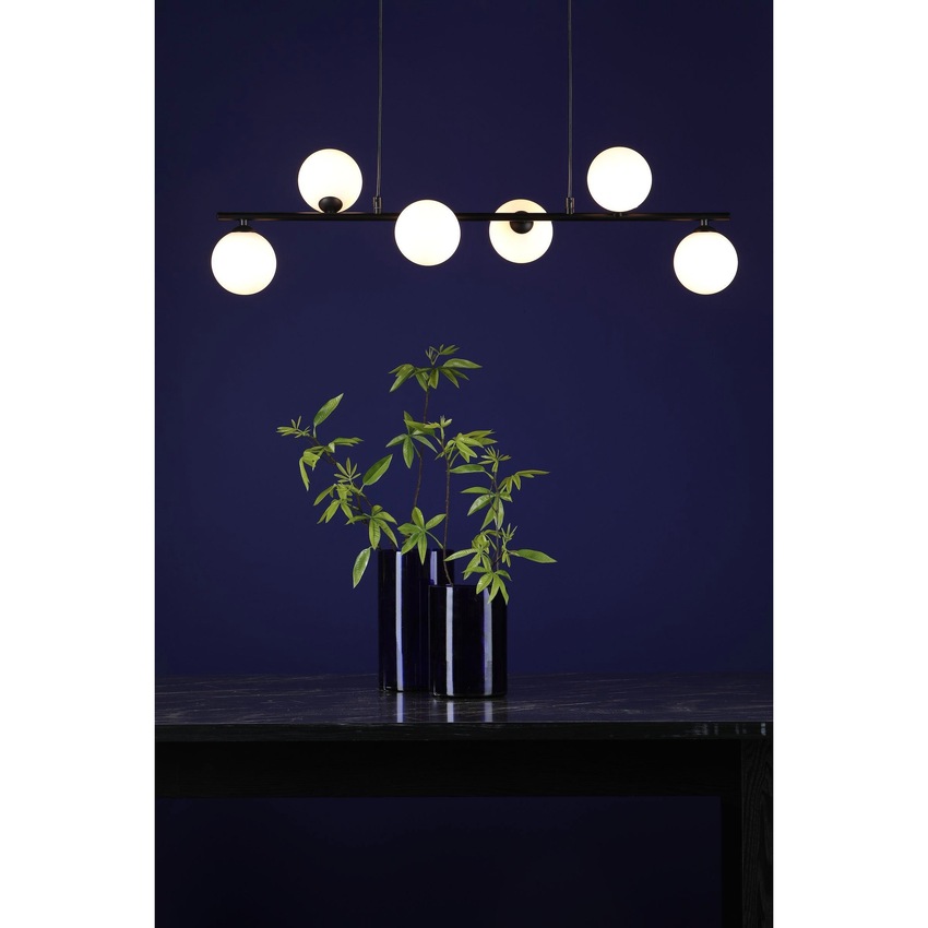 Photograph: Dar Spiral 6 Light Linear Bar Pendant Matt Black With Opal Glass Globes