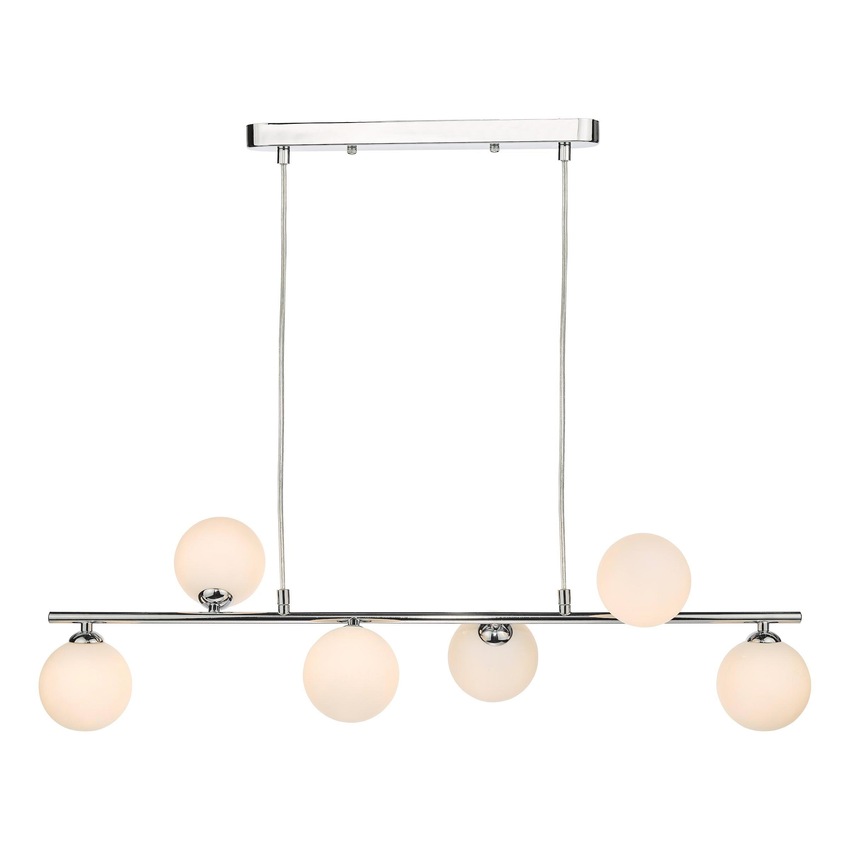 Photograph: Dar Spiral 6 Light Linear Bar Pendant Polished Chrome With Opal Glass Globes