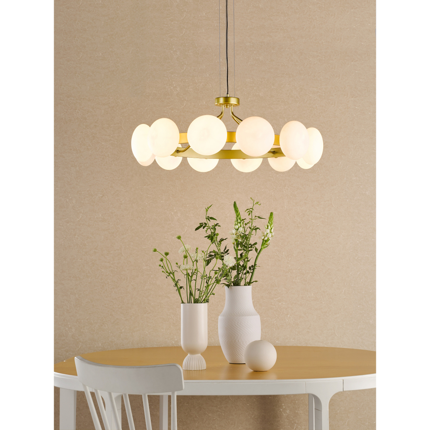Photograph: Dar Tauri 12 Light Pendant Matt Gold and Opal Glass