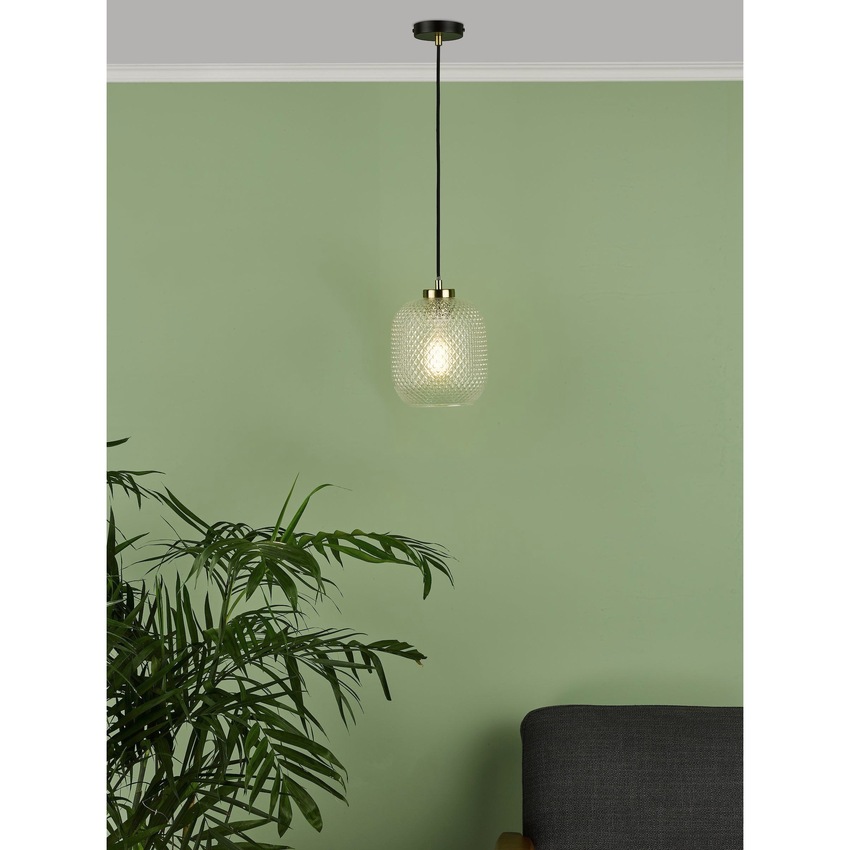 Photograph: Dar Tehya Single Pendant Light Matt Black With Antique Brass Detailing & Clear Textured Glass Shade