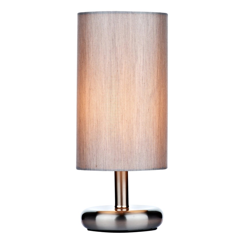 Photograph: Dar Tico TIC4139 Satin Chrome Touch Table Lamp Complete With Grey Cotton Shade