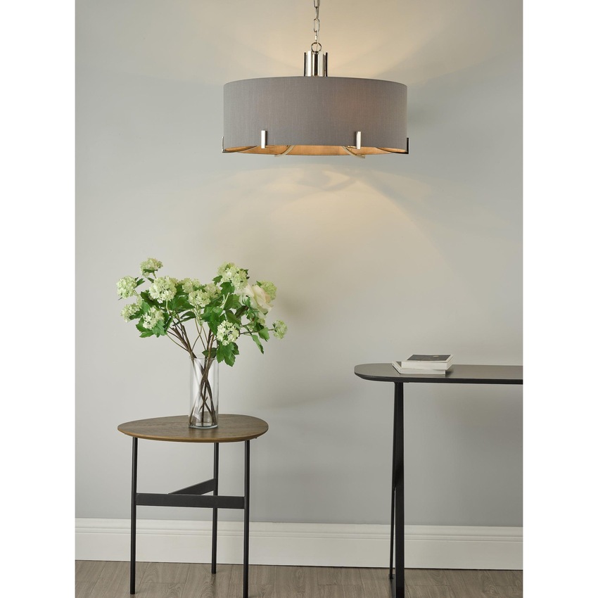 Photograph: Dar Veyron 6 Light Pendant In Polished Nickel Complete With Grey Shade