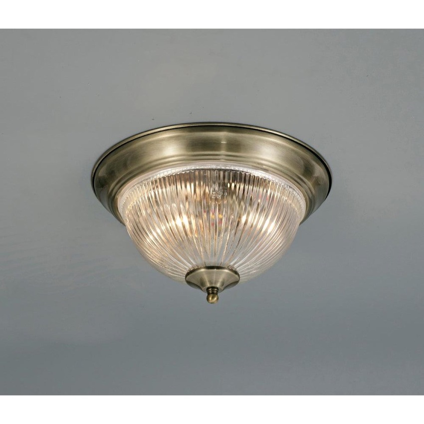 Photograph: Deco Macy D0405 Antique Brass 2 Light Flush Ceiling Light With Clear Ribbed Glass - IP44