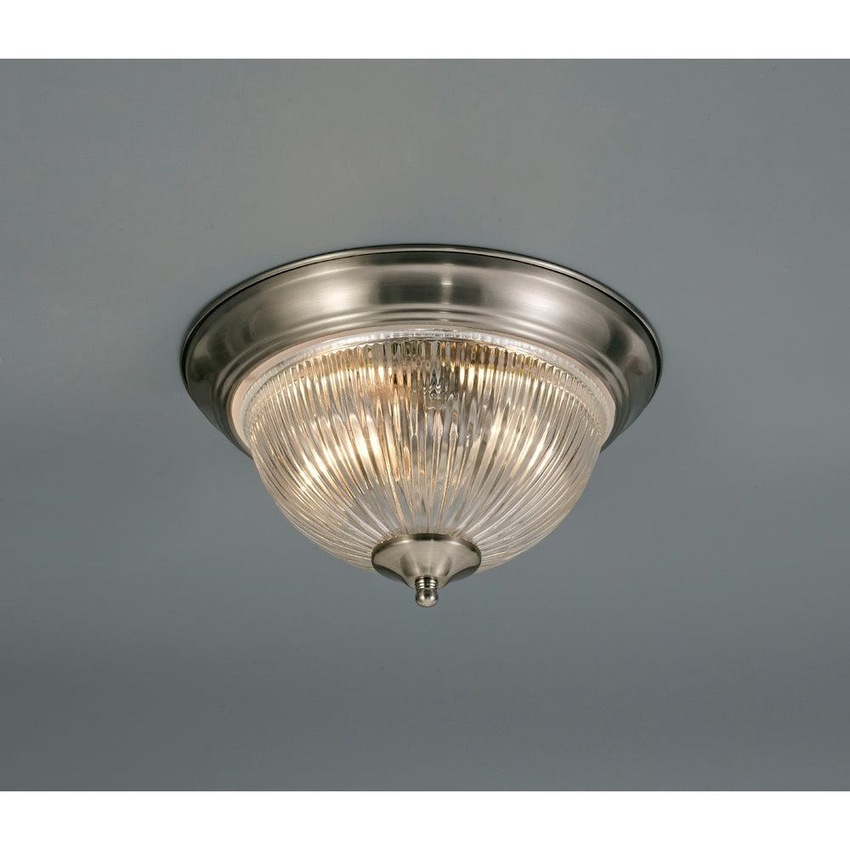 Photograph: Deco Macy D0406 Satin Nickel 2 Light Flush Ceiling Light With Clear Ribbed Glass - IP44