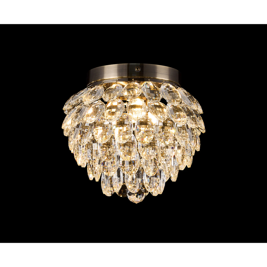 Photograph: Diyas Coniston Small 3 Light Flush Antique Brass Crystal Bathroom Ceiling Light - IP44