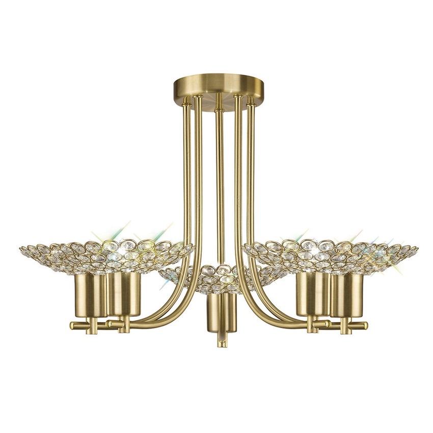 Photograph: Diyas Ellen IL20602 Satin Brass 5 Light Semi Flush Crystal Ceiling Light