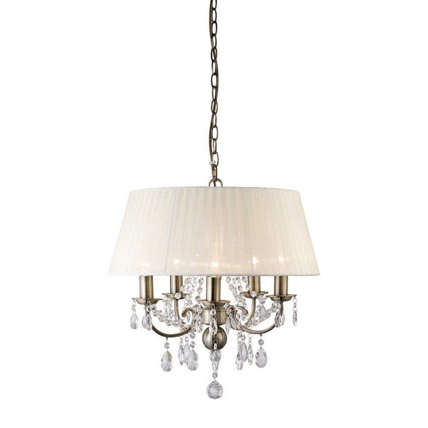 Photograph: Diyas Olivia IL30048 Antique Brass 5 Light Crystal Pendant Complete With Ivory Cream Shade